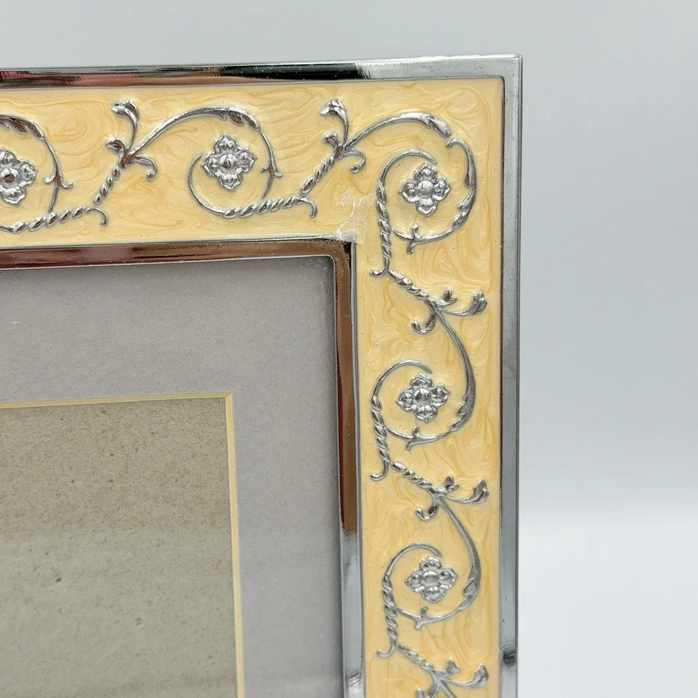 Silver Tone Yellow Enamel Floral Scroll Picture Frame 3x5 5x7 Ornate Cottage